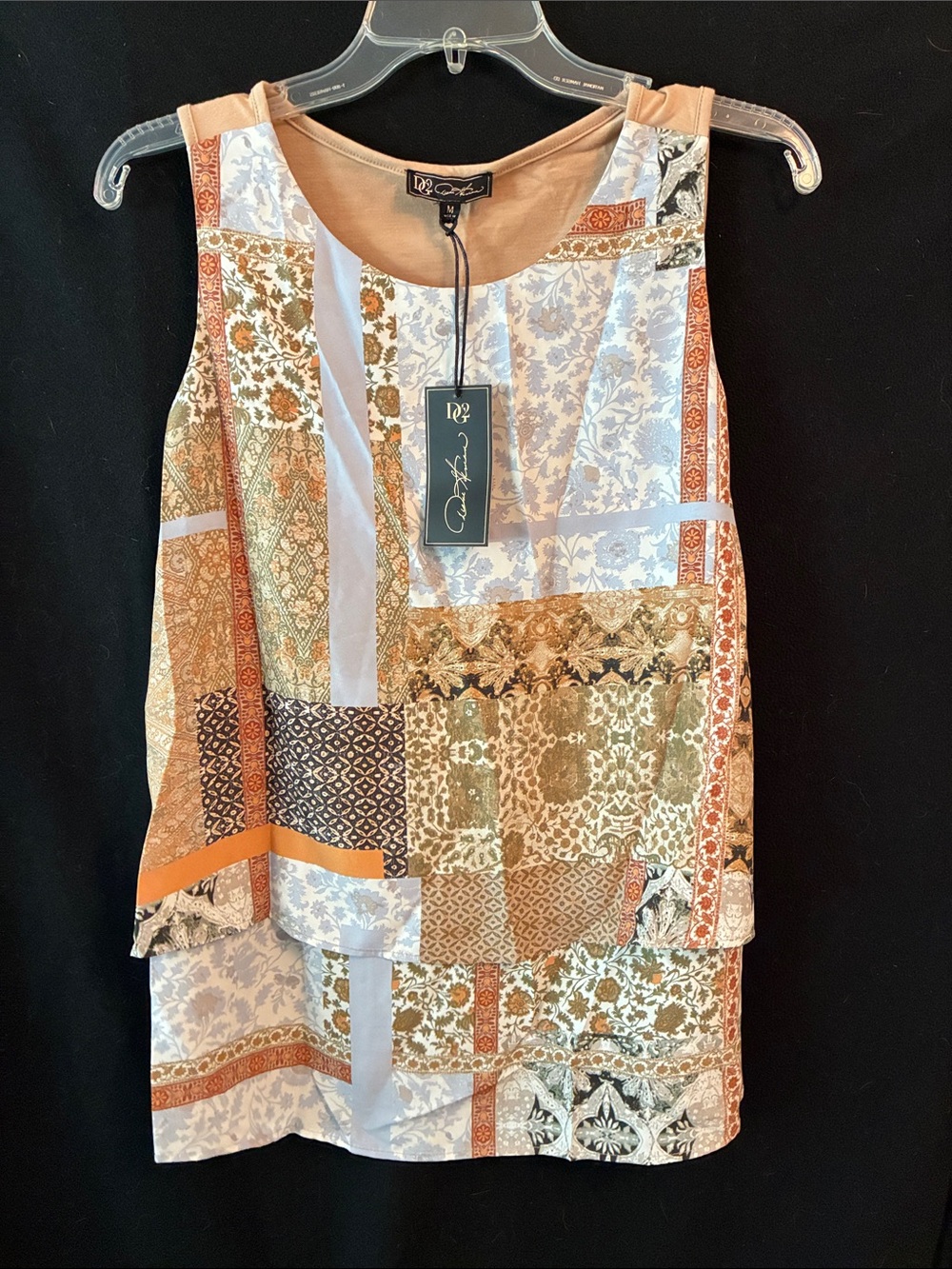 DG2 by Diane Gilman Patchwork Print Sleeveless Camisole in Peach, Beige, White
